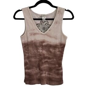 Y2K Vintage Brown Tie Dye Ribbed Tank Top Floral Sequin V-Neck Medium Boho